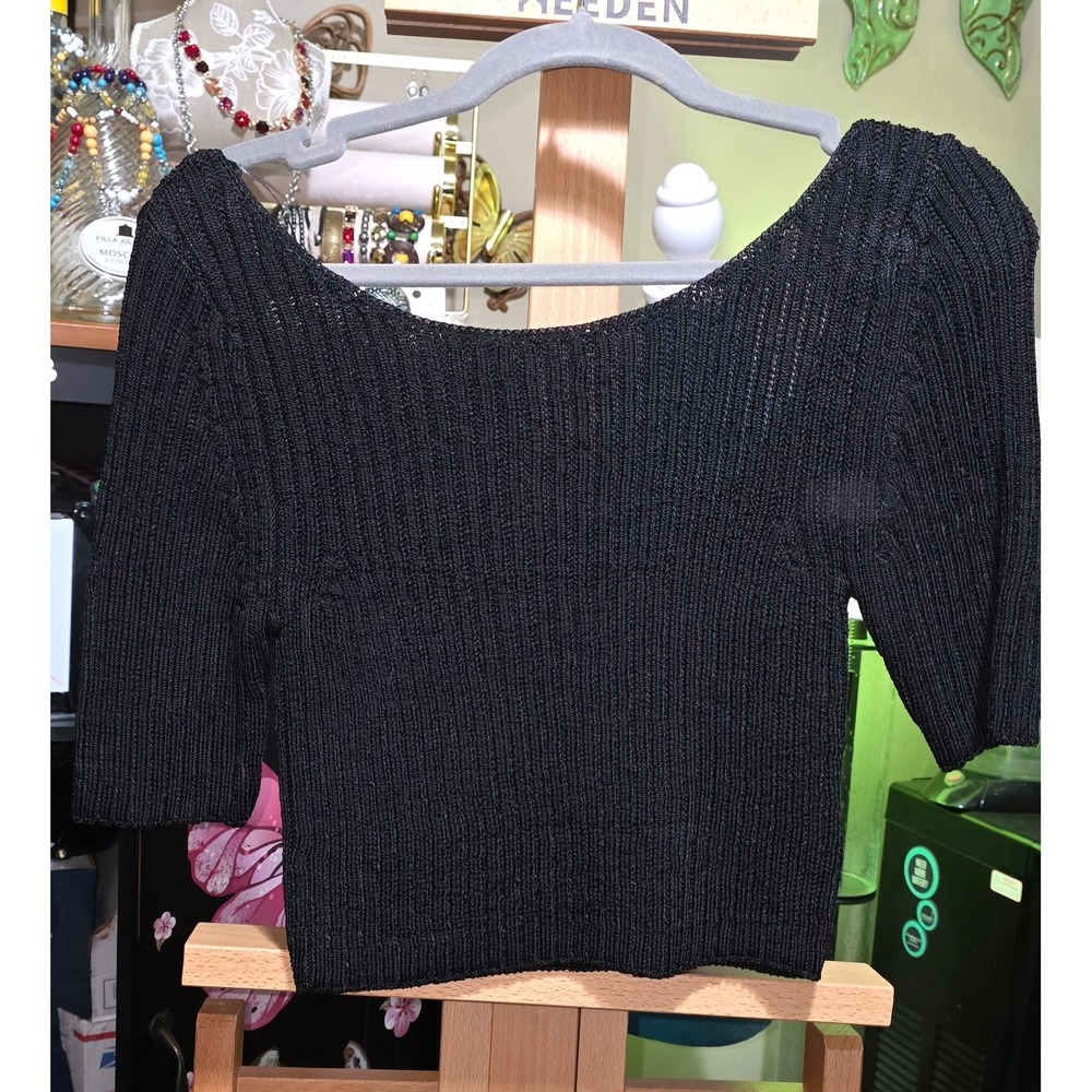Free People Black Ribbed Knit Crop Top Short Sleeve Scoop Neck NWT Size XS
